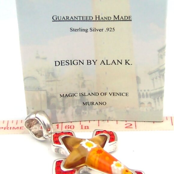 Sterling Silver Millefiori Cross Pendant Red Crystal Handmade Murano Alan K - Picture 4 of 6